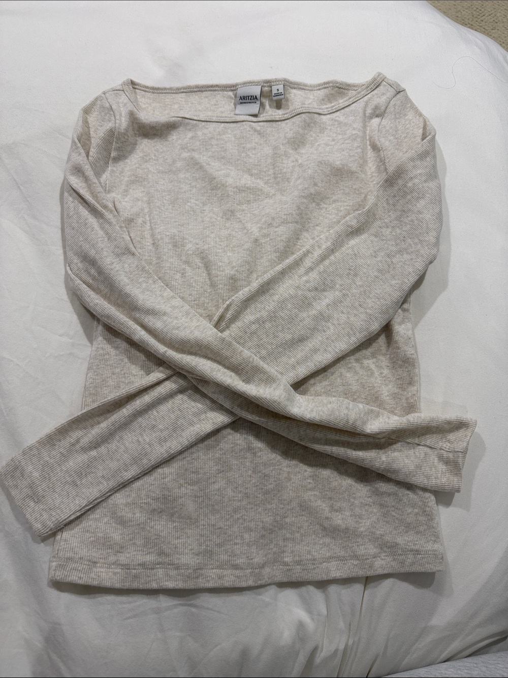 Aritzia Oatmeal Heathered Boatneck Ribbed Long Sleeve Top
